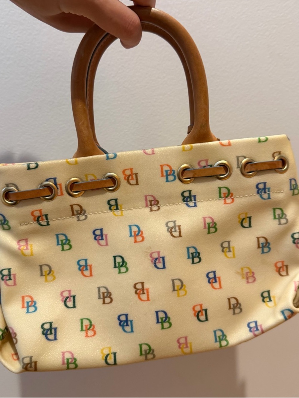 Vintage Y2K 90s Dooney & Bourke Cream Multicolor DB Logo Leather-Trim Mini Tote - Picture 5 of 9